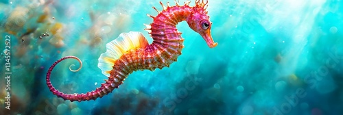 Seahorse swims in blue ocean depth, fantasy coral background, for nature blogs