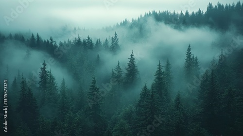 Mysterious fog rolling over evergreen forests nature landscape serenity aerial view tranquil concept