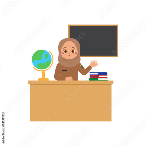 Muslim Teacher 1 in Classroom with Globe and Books