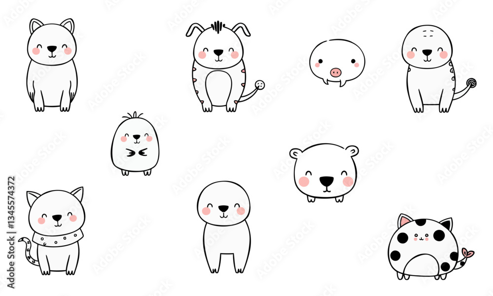 Cute animal doodles featuring variety of adorable creatures including cat, dog, pig, and bear, all with charming expressions that evoke joy and playfulness Cute animal doodles featuring variety of adorable creatures including cat, dog, pig, and bear, all with charming expressions that evoke joy and playfulness
