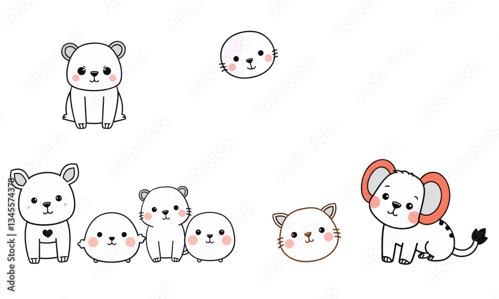 Obraz premium Cute animal doodles featuring variety of adorable creatures, including bear, dog, and cat, all with charming expressions. These illustrations evoke joy and playfulness