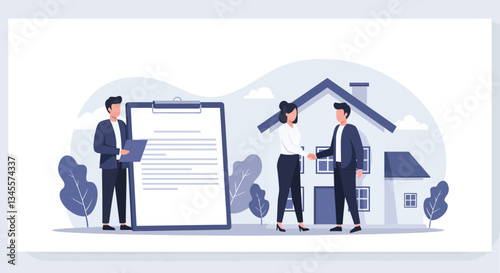 Business professionals discussing real estate deal in front of house illustration