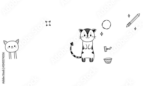 Cute animal doodles featuring playful cat and friendly kitten, surrounded by whimsical elements like stars, pencil, and bowl. These charming illustrations evoke joy and creativity