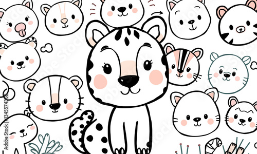 Cute animal doodles featuring playful black leopard surrounded by various adorable animal faces. design is whimsical and colorful, perfect for children products or playful decor