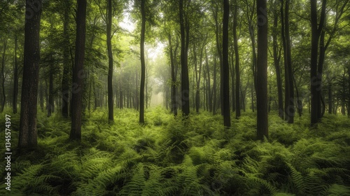 Mystical morning light filtering through dense forest nature landscape tranquil environment serene viewpoint