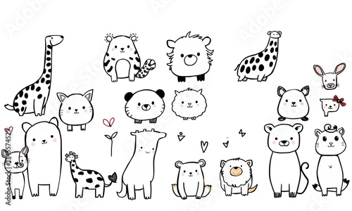 Cute animal doodles featuring variety of adorable creatures, including giraffe, panda, and bear, all illustrated in charming, playful style. These whimsical designs evoke joy and warmth