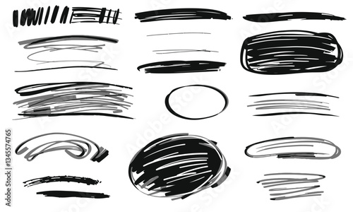 Hand drawn doodle sketches featuring various strokes and shapes black and gray tones, perfect for creative projects and artistic designs. These versatile elements can enhance visual storytelling