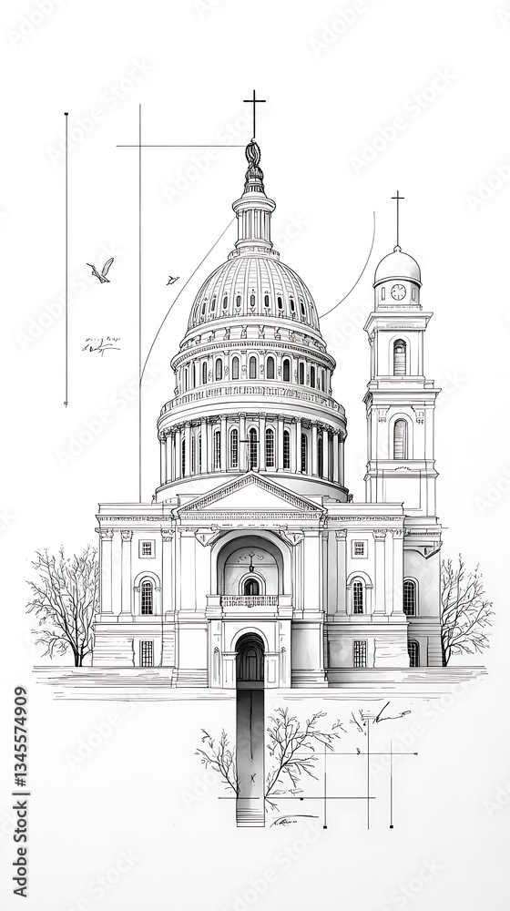 Cathedral Architectural Sketch for Spring Landscape. Cathedral Architectural Sketch for Spring Landscape.