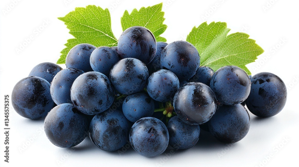 Fototapeta premium Isolated against a white backdrop are fresh red grapes with stems.