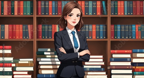 Confident woman lawyer standing beside bookshelves full of law books and binders anime cartoon illustration design