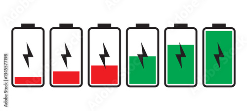Battery charge indicator icons. Phone charge level, color collection of charge power. Discharged and fully charged battery. Battery charge from high to low. Vector Illustration.