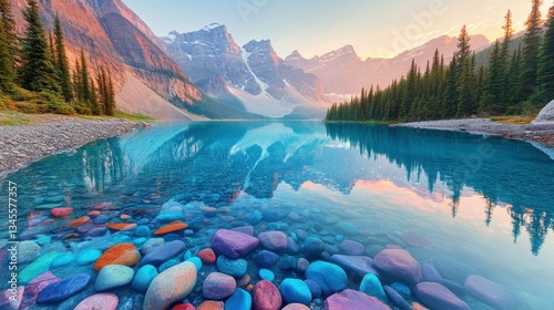 Serene sunset reflections over colorful stones moraine lake nature photography tranquil mountain environment