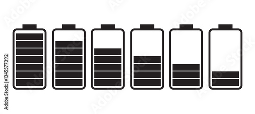 Battery charge indicator icons. Phone charge level, color collection of charge power. Discharged and fully charged battery. Battery charge from high to low. Vector Illustration.