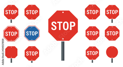 Collection of various stop signs in different shapes and designs displayed together
