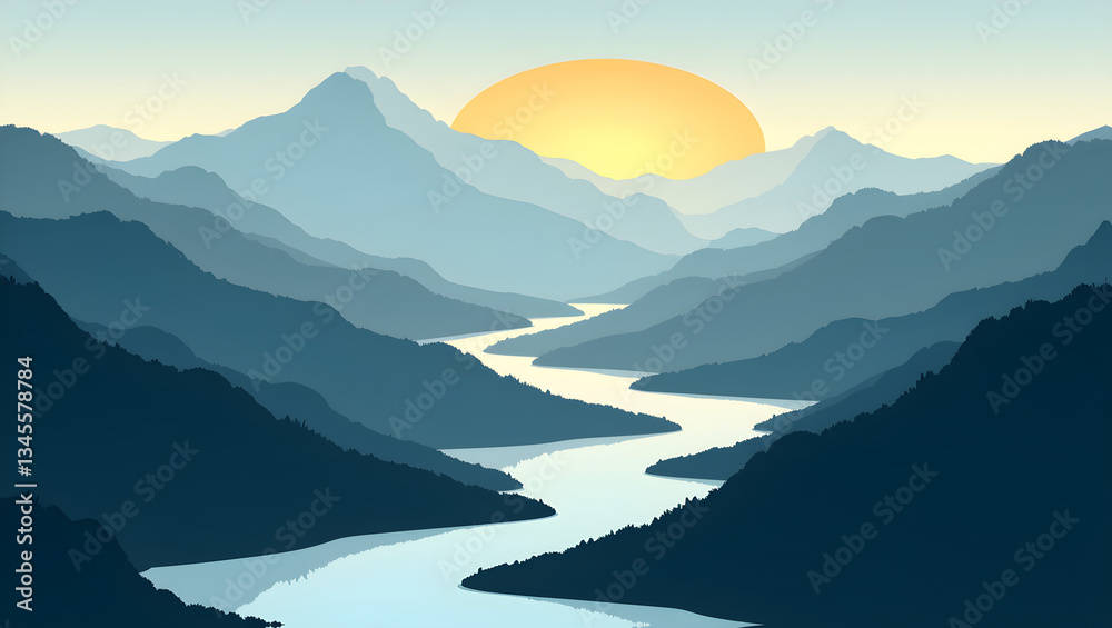 Serene mountain landscape with a winding river Serene mountain landscape with a winding river