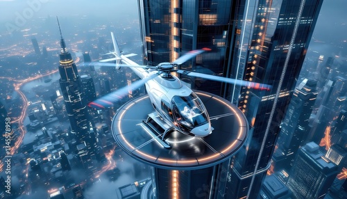 Luxury Helicopter Landing Modern Cityscape Night View