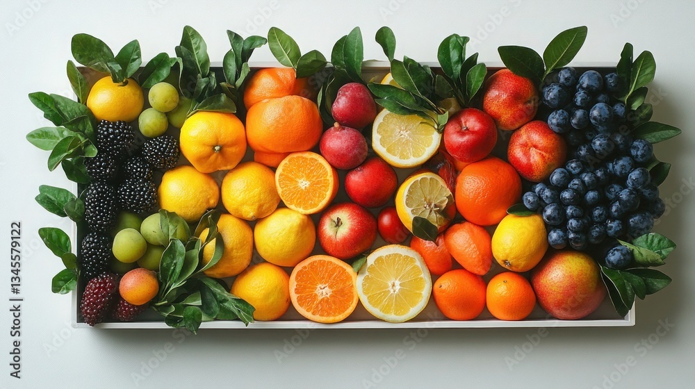 Against a crisp white background, fresh mixed fruits and veggies are presented in a box. Against a crisp white background, fresh mixed fruits and veggies are presented in a box.