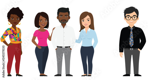 Group of four diverse cartoon characters in a professional setting
