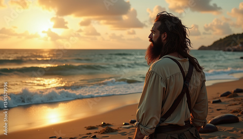 A Contemplative Robinson with Long Hair, Gazing Longingly into The Ocean