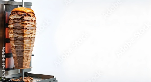 Rotating Shawarma Meat on Spit with White Background