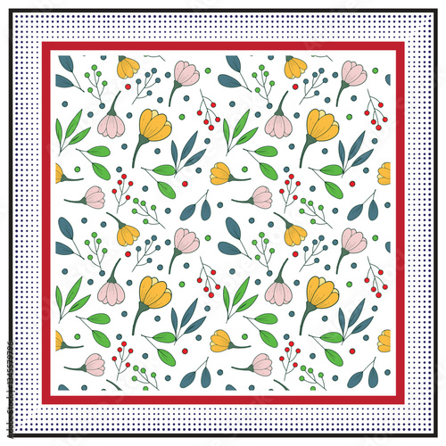 Seamless floral pattern with yellow and pink flowers, green leaves, and red dots background

