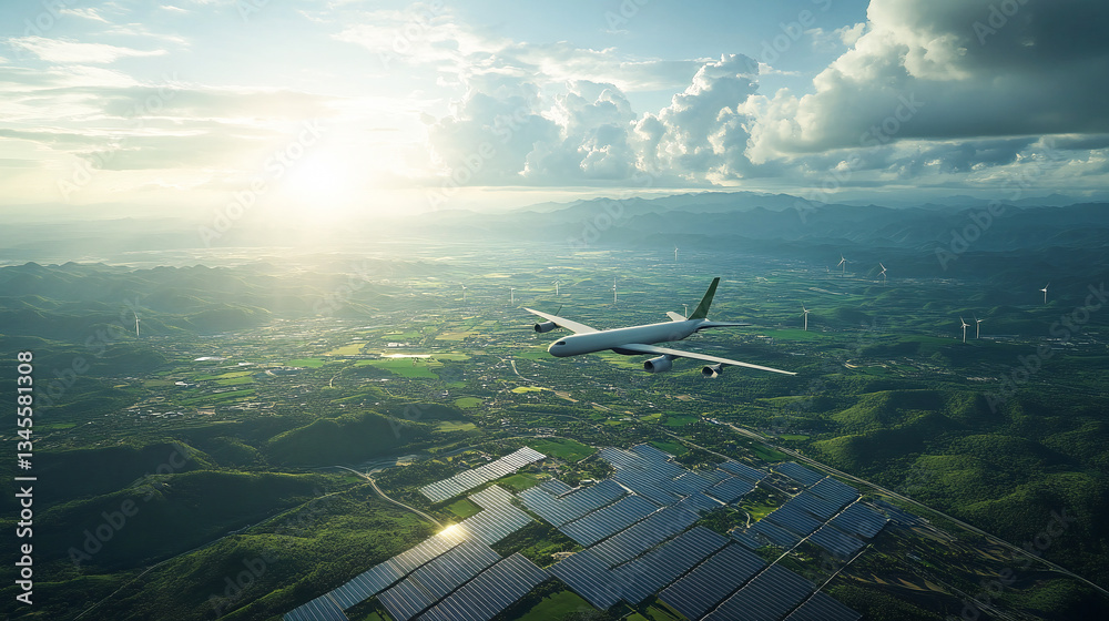 Naklejka premium Sustainable aviation fuel concept of flight running on biofuel green energy. A light green plane flies over the forest