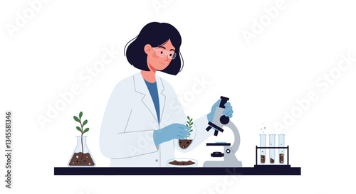 Scientist examining plant samples with microscope in detailed flat vector art