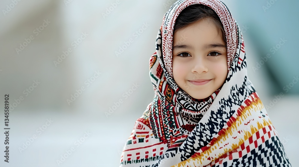 Close up portrait of a cheerful young Qatari student wearing a modern school uniform with vibrant cultural patterns and a traditional hijab headscarf Close up portrait of a cheerful young Qatari student wearing a modern school uniform with vibrant cultural patterns and a traditional hijab headscarf