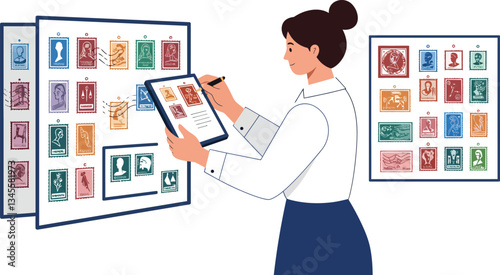 Woman analyzing colorful stamp collection in flat vector art