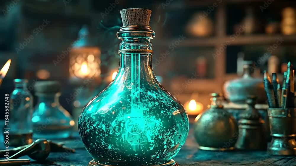 Enchanted potion bottle glowing with blue light, surrounded by mystical objects in a dimly lit apothecary