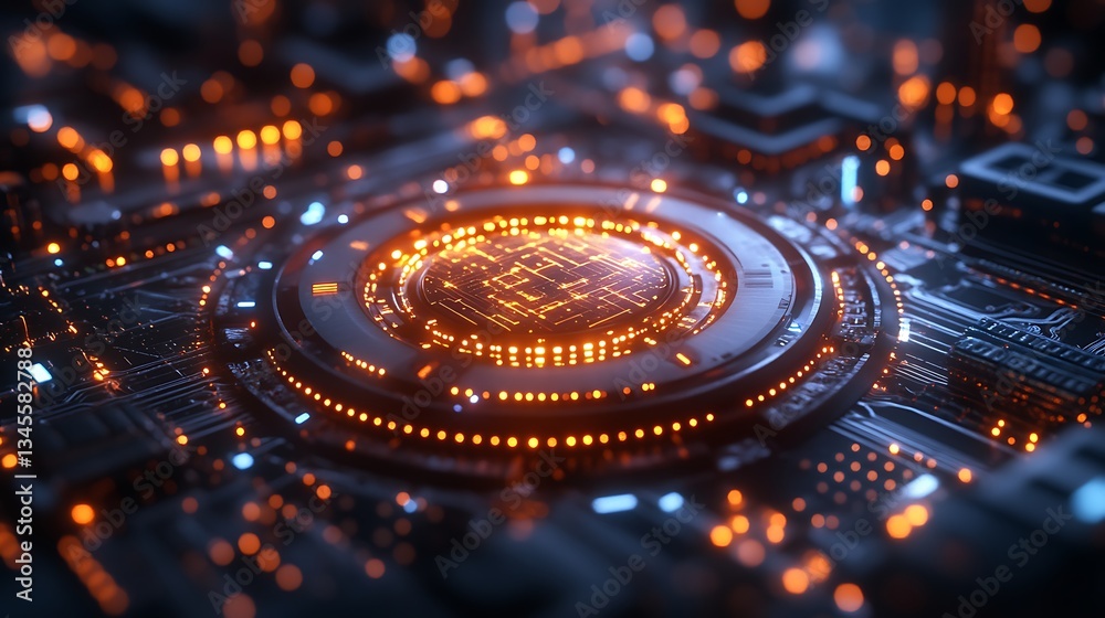 A central holographic processor surrounded by a glowing grid of quantum circuits, neon light trails connecting intricate pathways, radiant holographic effects with vibrant particles,