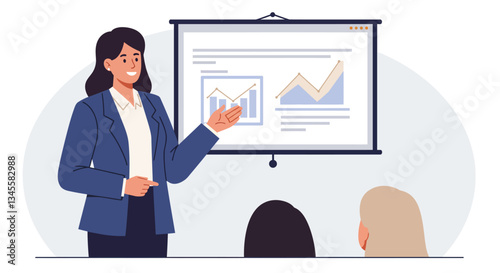 Business presentation with female speaker in flat vector art style showing growth charts