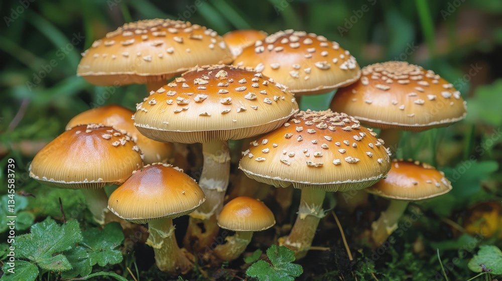 Cluster of orange mushrooms with white spots in the forest. Great for blog, nature, cooking or educational content. Cluster of orange mushrooms with white spots in the forest. Great for blog, nature, cooking or educational content.
