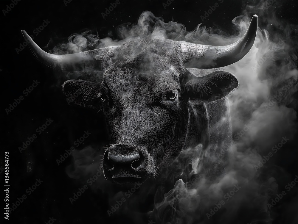 Naklejka premium Majestic Bull Emerging from Smoke: A Monochrome Masterpiece