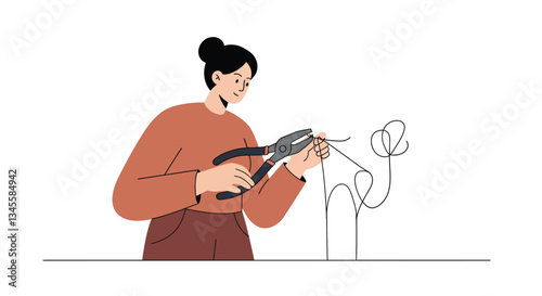 Woman using wire cutters to shape floral design in flat vector art