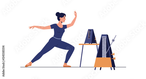 Dynamic dancer showcasing movement with metronome in flat vector illustration