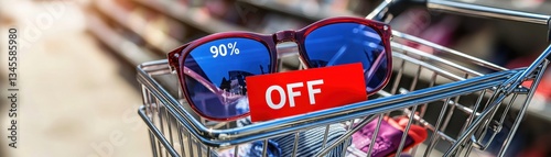Discount Sunglasses on Shopping Cart with Sale Tag and Blurred Background