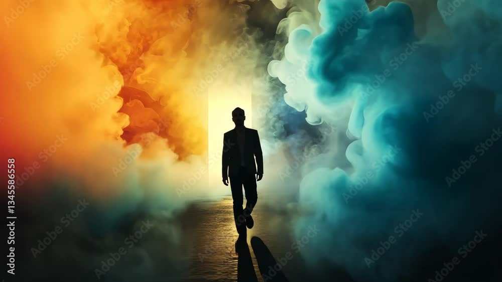 Silhouette Of Man Walking Through Colorful Smoke Silhouette Of Man Walking Through Colorful Smoke