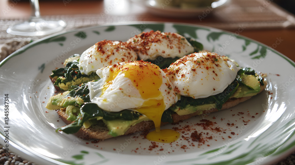 A spinach and avocado toast with poached eggs and chili flakes. A spinach and avocado toast with poached eggs and chili flakes.