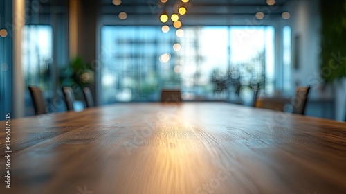 A blurry picture of a wide table in a modern conference room with an office style that is up to date