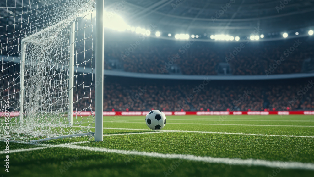Obraz premium A close-up view of a soccer ball near the goal in a vibrant stadium during a match