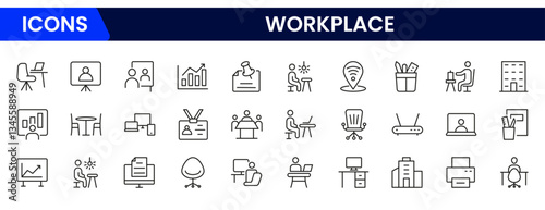 Workplace icon outline set. Containing job, working, employee, project, teamwork, employment, meeting, appointment, and more. Vector line icons collection.