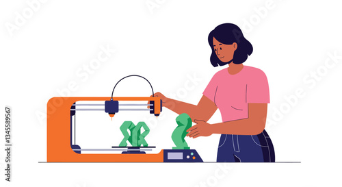 Woman operating a 3D printer creating green sculptures in flat vector art