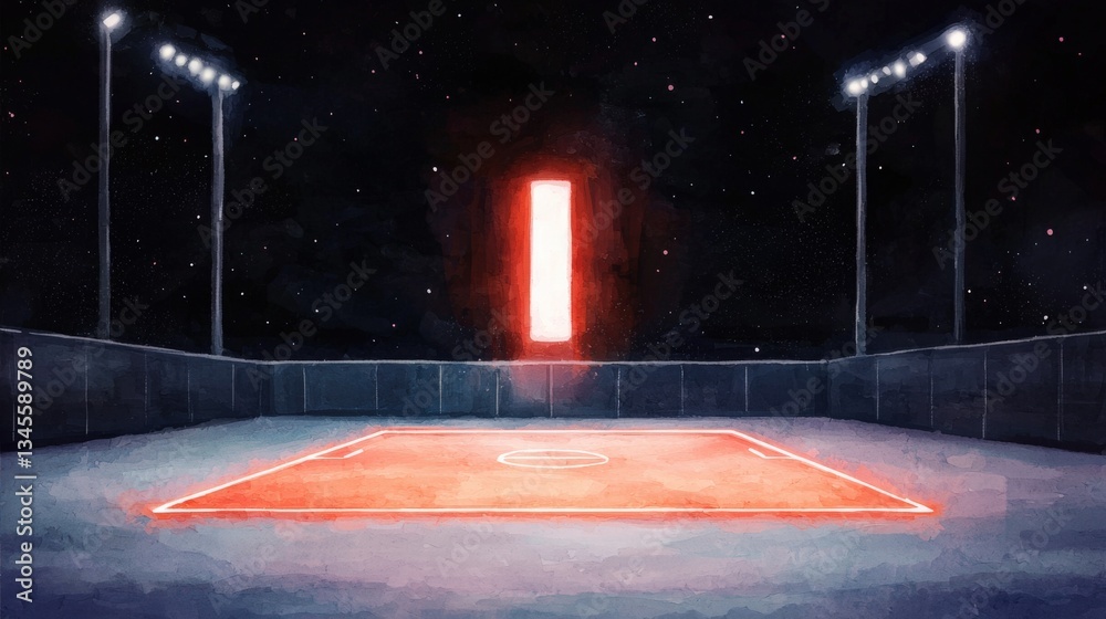 Naklejka premium A serene nighttime scene of an empty sports court illuminated by glowing red lights, set against a dark sky filled with stars, creating an abstract ambiance.