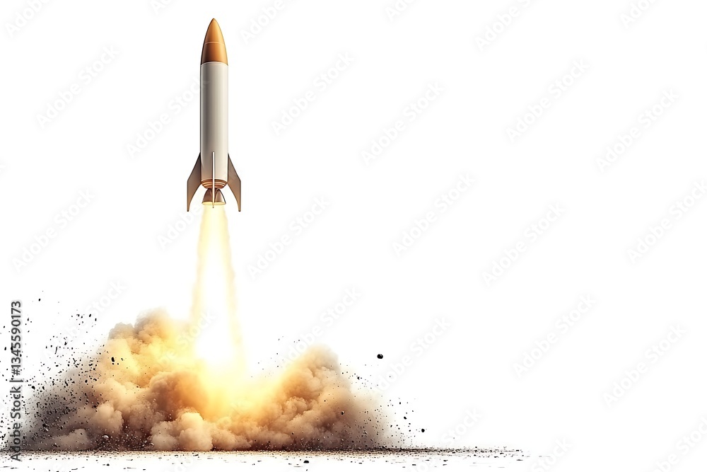 Fototapeta premium Rocket launch on a white backdrop. Future of space exploration, innovation, goal