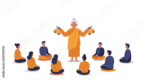 Elderly monk teaching meditation techniques in a minimal and colorful vector illustration