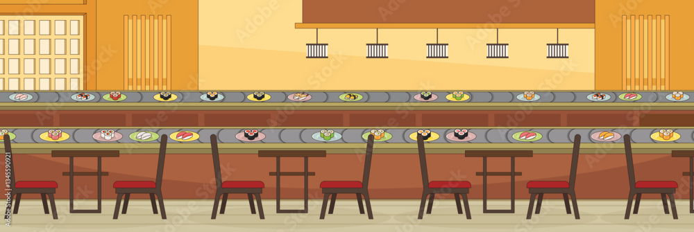 Cute and nice design of Belt Conveyor Sushi with furniture and interior objects vector design