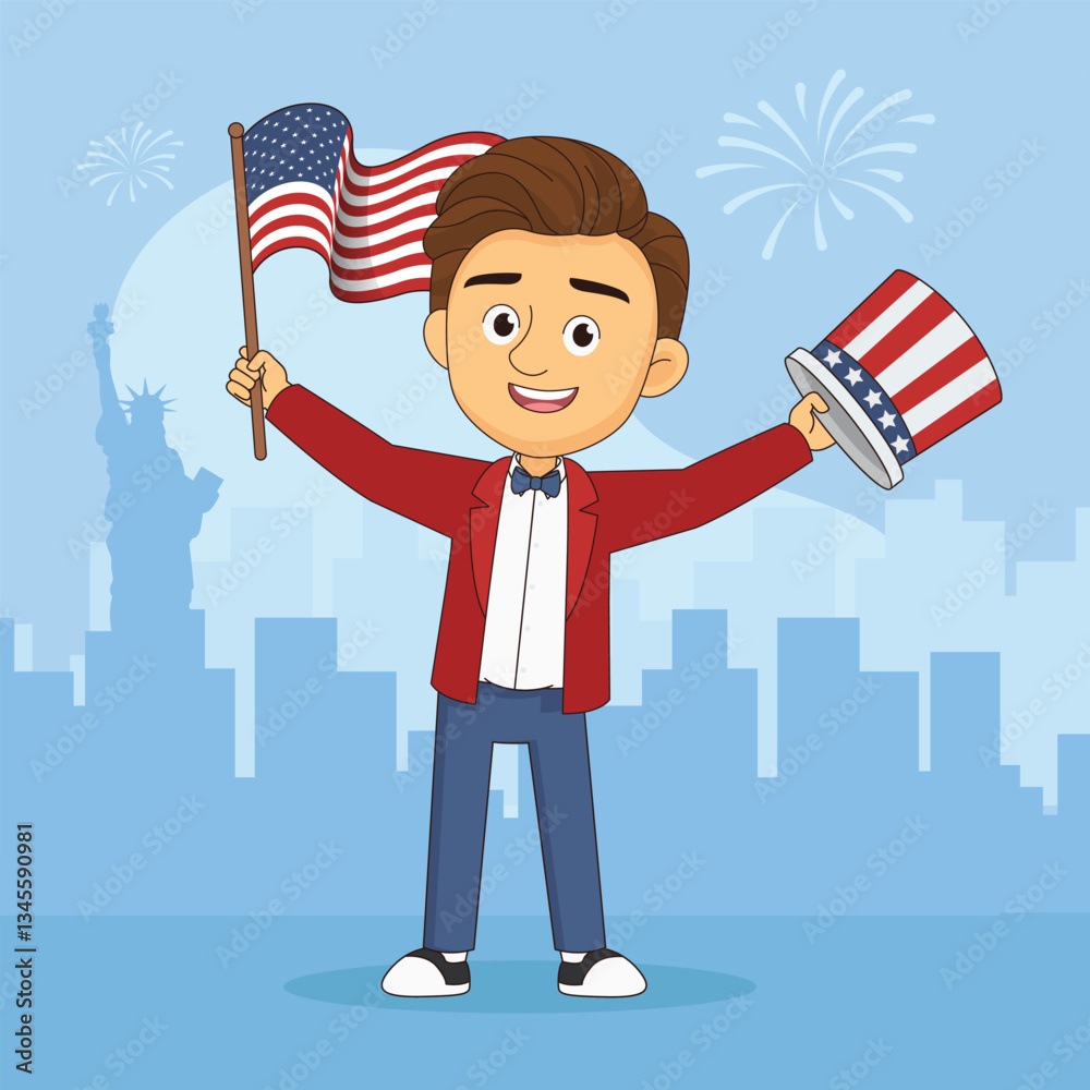 Uncle Sam Boy with Hat and USA Flag