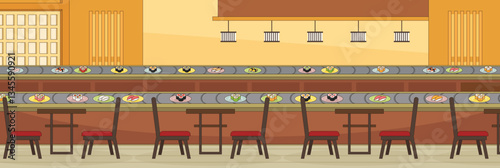 Obraz na płótnie Cute and nice design of Belt Conveyor Sushi with furniture and interior objects vector design w salonie
