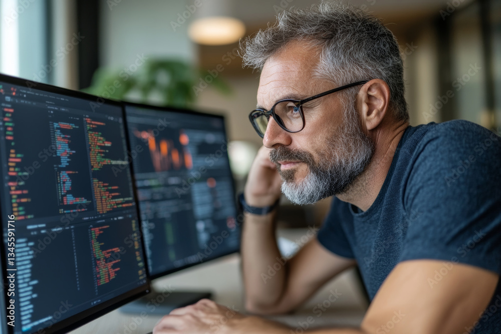 focused software developer analyzing code on dual monitors focused software developer analyzing code on dual monitors